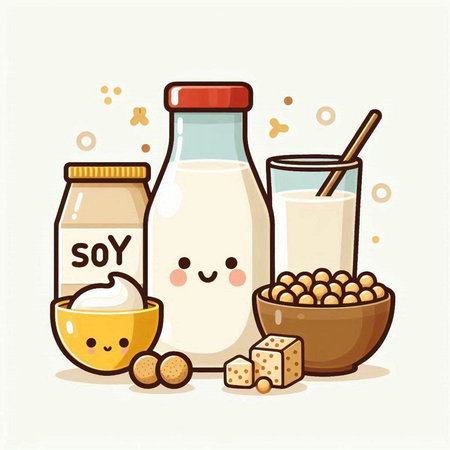 Cute cartoon soy milk, tofu, soybean and brown sugar. Vector illustration.のイラスト素材