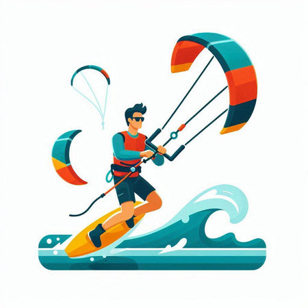 Kitesurfer riding on a wave, extreme sport vector illustrationのイラスト素材