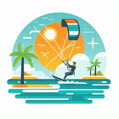 Kitesurfing in the sea. Vector illustration in flat styleのイラスト素材