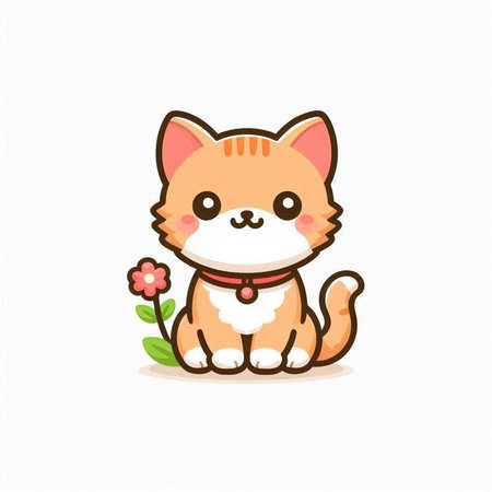 Cute cartoon cat with flower. Vector illustration on white background.のイラスト素材