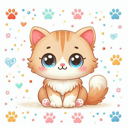 Cute cat with paw print on white background. Vector illustration.のイラスト素材