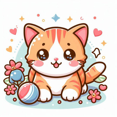 Cute cat with flowers and easter eggs. Vector illustration.のイラスト素材