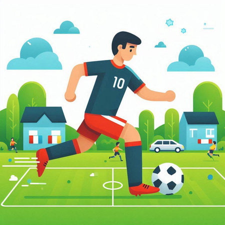 Soccer player in action on the field. Flat style vector illustration.のイラスト素材