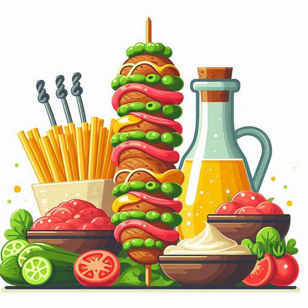 Vector illustration of hot dog with vegetables and sauce on white background.のイラスト素材