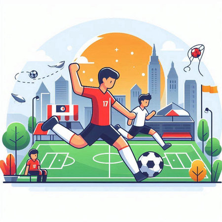 Soccer or football players on the stadium. Flat vector illustration.のイラスト素材