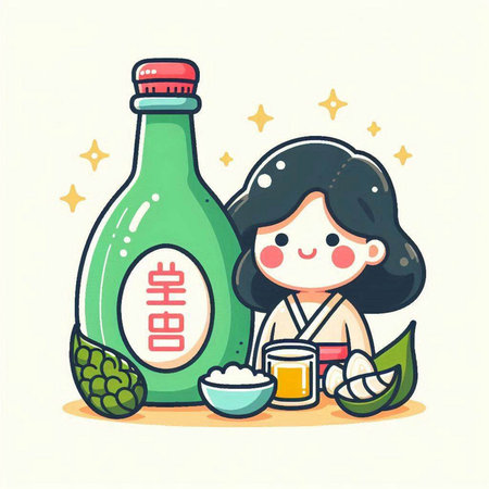 Illustration of a Japanese girl and a green tequila bottle.のイラスト素材