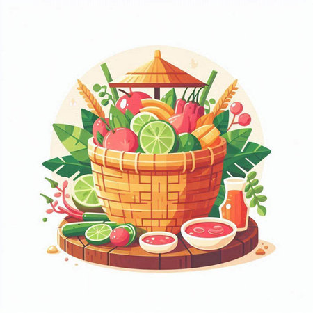 Illustration of fresh fruits and vegetables in a basket on a white backgroundのイラスト素材