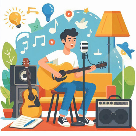 Man playing guitar and singing at home. Vector illustration in flat styleのイラスト素材