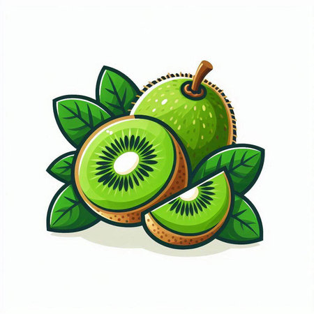 Kiwi fruit with green leaves isolated on white background. Vector illustration.のイラスト素材
