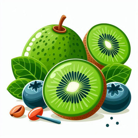 Kiwi fruit with green leaves isolated on white background. Vector illustration.のイラスト素材