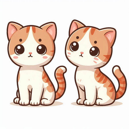 Illustration of Cute Cartoon Cats Sitting on White Background - Vectorのイラスト素材