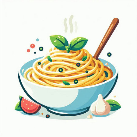Illustration of a bowl of spaghetti with basil, garlic and tomatoのイラスト素材