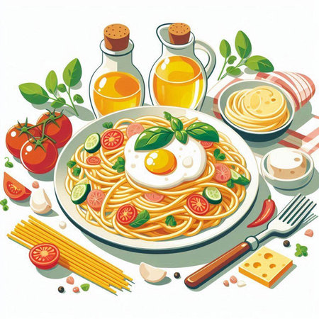 Spaghetti with egg and tomato sauce on plate. Vector illustration.のイラスト素材