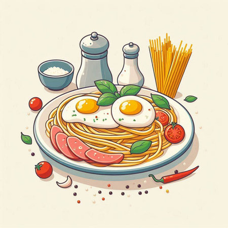 Spaghetti with fried egg and vegetables on plate. Vector illustration.のイラスト素材