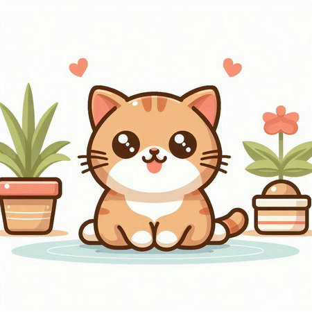 Cute cat sitting on the floor with flower pot vector illustration.のイラスト素材