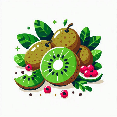Kiwi fruit with green leaves and berries. Vector illustration.のイラスト素材