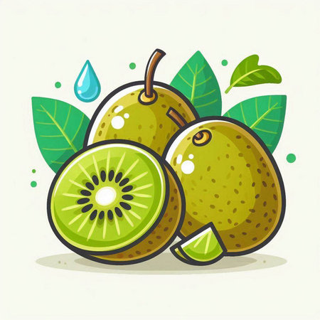 Kiwi fruit with leaves and water drops. Vector illustration.のイラスト素材