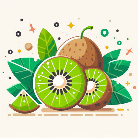 Kiwi fruit with leaves. Vector illustration in flat style.のイラスト素材