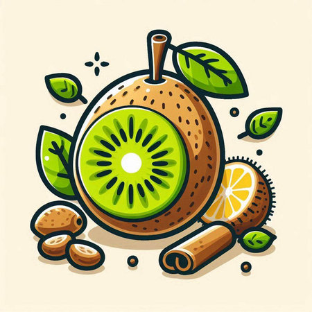 Kiwi fruit with green leaves and cinnamon. Vector illustration.のイラスト素材