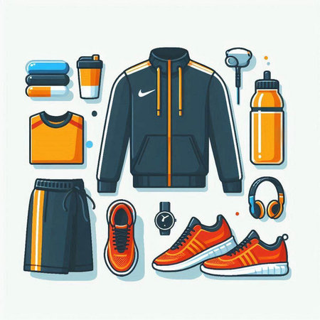 Set of sportswear icons. Sneakers, shorts, jacket, sneakers, water bottle, headphones. Vector illustrationのイラスト素材