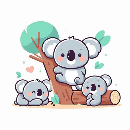 Cute koala family on a tree. Vector flat cartoon illustrationのイラスト素材