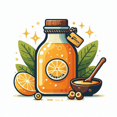 Vector illustration of a bottle of orange juice with a spoon and a jar of honey.のイラスト素材
