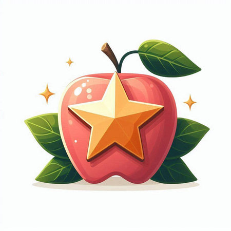 Red apple with star and leaves isolated on white background. Vector illustration.のイラスト素材