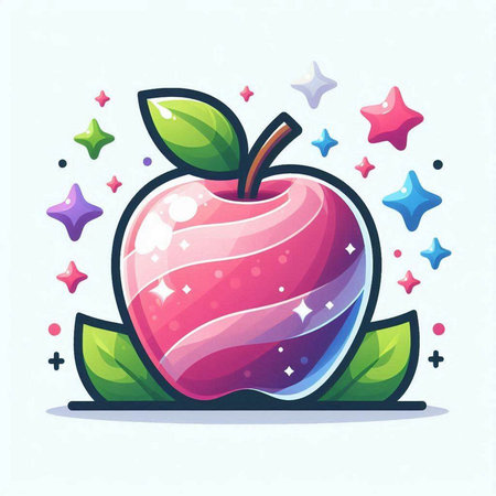 Vector illustration of pink apple with green leaves and colorful stars on blue background.のイラスト素材