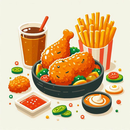 Illustration of fried chicken with french fries, ketchup and mayonnaiseのイラスト素材