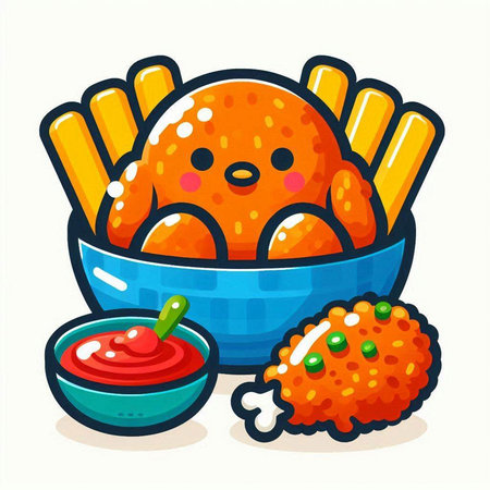 Illustration of fried chicken in a bowl with sauce. Vector.のイラスト素材