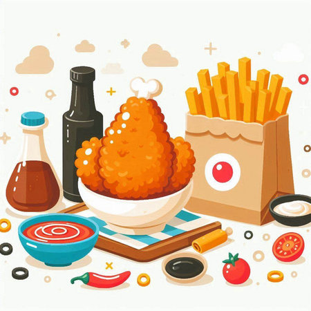 Illustration of fast food. Fried chicken nuggets, french fries and sauces.のイラスト素材