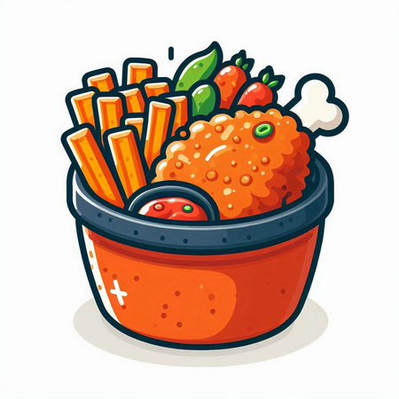 Illustration of a bowl of fried chicken with french fries and vegetablesのイラスト素材