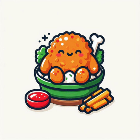 Cute kawaii fried chicken in bowl with sauce. Vector illustration.のイラスト素材