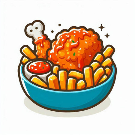 Illustration of fried chicken in bowl with french fries and ketchupのイラスト素材