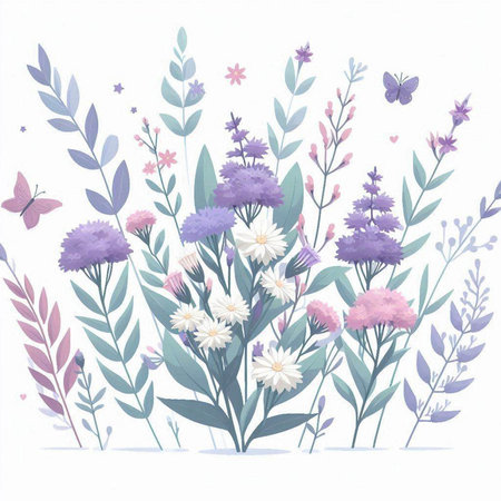 Flower background with flowers and butterflies. Hand drawn vector illustration.のイラスト素材