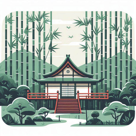 Japanese temple in the forest. Vector illustration in a flat style.のイラスト素材