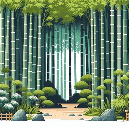 Bamboo forest with path and green leaves background. Vector illustration.のイラスト素材
