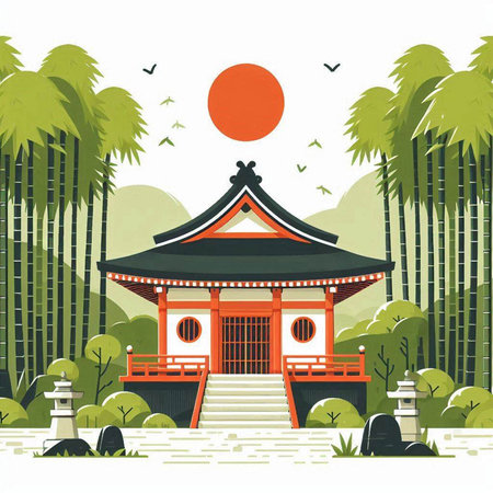 Vector illustration of Japanese temple in the park. Flat style design.のイラスト素材
