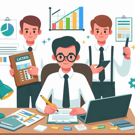 Businessman working at office. Vector illustration in flat cartoon style.のイラスト素材