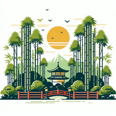 Japanese traditional landscape with bamboo grove and pagoda. Vector illustration.のイラスト素材