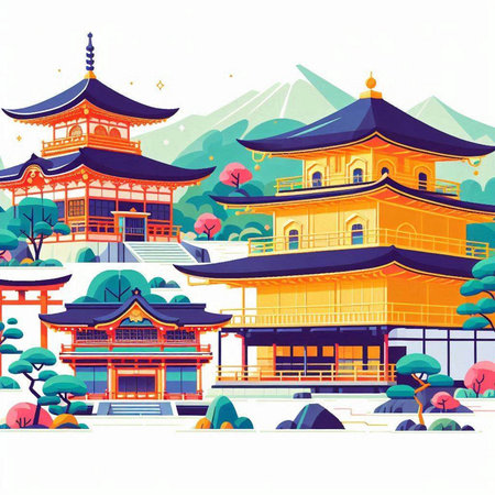 Landscape of chinese temple in flat style. Vector illustration.のイラスト素材