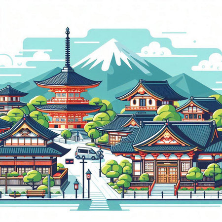 Colorful vector illustration of traditional japanese buildings and street with lanterns.のイラスト素材