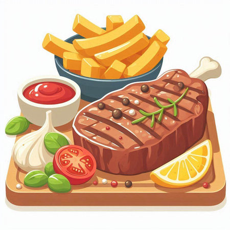 Steak with french fries and vegetables on wooden board. Vector illustration.のイラスト素材