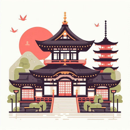 Korean traditional architecture. Vector illustration in flat style. Travel and tourism.のイラスト素材