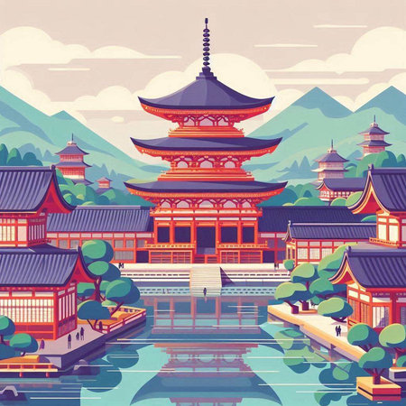 Korean traditional buildings in Hangzhou, China. Vector illustration.のイラスト素材