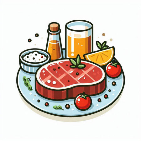 Steak with spices and vegetables on a plate. Vector illustration.のイラスト素材