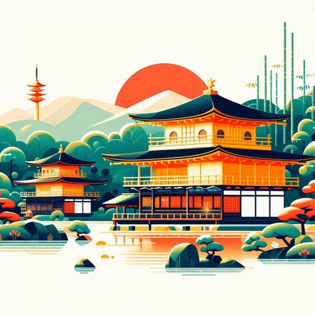 Beautiful japanese temple on the lake. Vector illustration.のイラスト素材