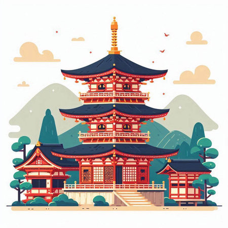 Pagoda in chinese temple. Vector illustration in flat styleのイラスト素材