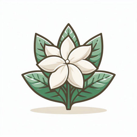Illustration of a white flower with green leaves on a white backgroundのイラスト素材