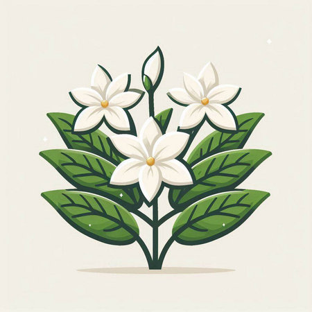 Illustration of a white jasmine flower with green leaves.のイラスト素材